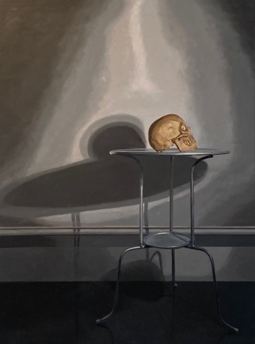 MOIRA DE LA HUNTY - A shallow bowl of soup, with a silver spoon